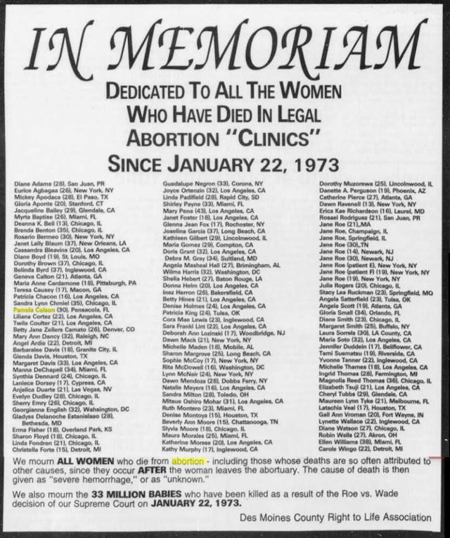 Jan 1996 advertisement mourning legal abortion deaths Image: Jan 1996 advertisement mourning legal abortion deaths
