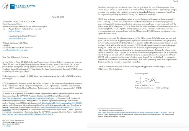 Image: FDA letter to ACOG allows dispensing of abortion pill by mail outside Rems during COVID-19Image Twitter