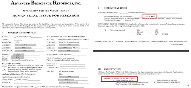 FDA contract for human fetal tissue 16 to 24 weeks shipped on ice with Advanced Bioscience Resources ABR aborted Image: FDA contract for human fetal tissue 16 to 24 weeks shipped on ice with Advanced Bioscience Resources ABR aborted