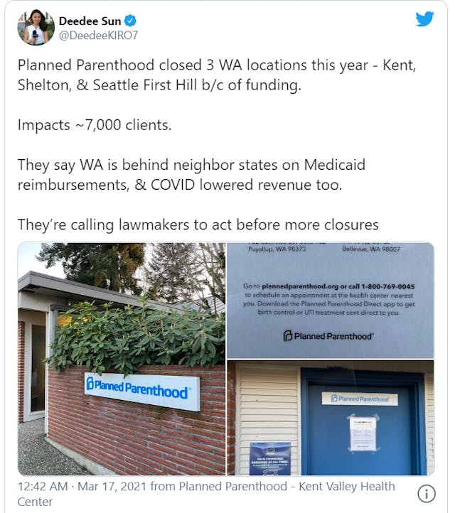 Planned Parenthood closes facilities in Washington state 2021 (Image: Twitter) Image: Planned Parenthood closes facilities in Washington State 2021 (Image: Twitter)
