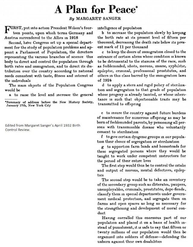 Margaret Sanger’s Plan for Peace (edited) Image: Margaret Sanger's Plan for Peace