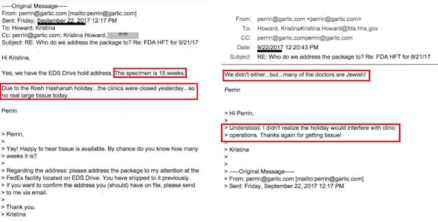 Image: FDA correspondence with ABR aborted Human Fetal Tissue Jewish doctors and holidays