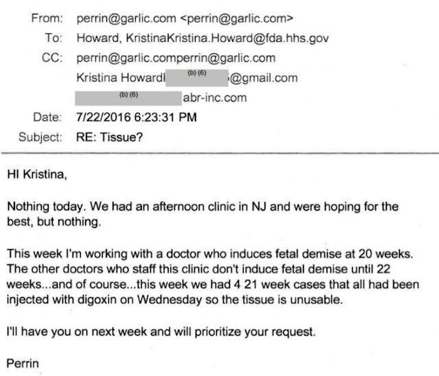 FDA correspondence with ABR Human Fetal Tissue procurement at 21 weeks digoxin (Image: FDA correspondence with ABR Human Fetal Tissue procurement at 21 weeks digoxin