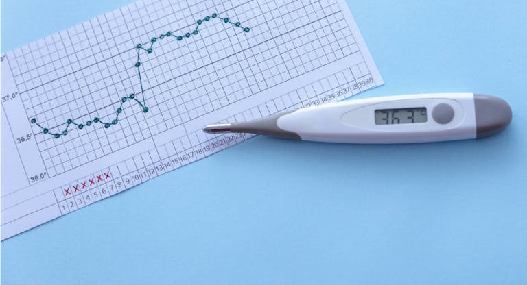 Pregnancy planning. Measurement of basal body temperature. Thermometer, temperature graph on a blue background. Copy space