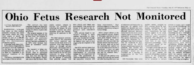Government dollars fund EPA research using aborted babies (Image credit: Defiance Crescent News 7/29/1977) Image: article Gov dollars fund EPA research using aborted babies (Image credit: Defiance Crescent News 7/29/1977)