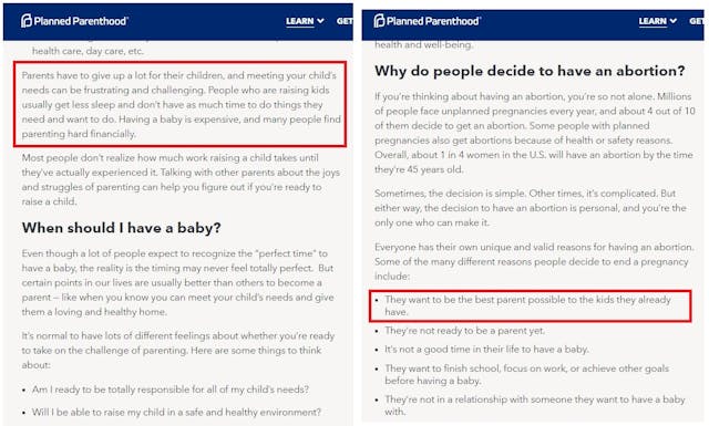 Pregnancy v abortion Planned Parenthood website Image: Pregnancy v abortion Planned Parenthood website