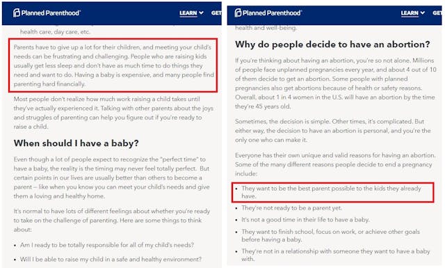 Image: Pregnancy v abortion Planned Parenthood website