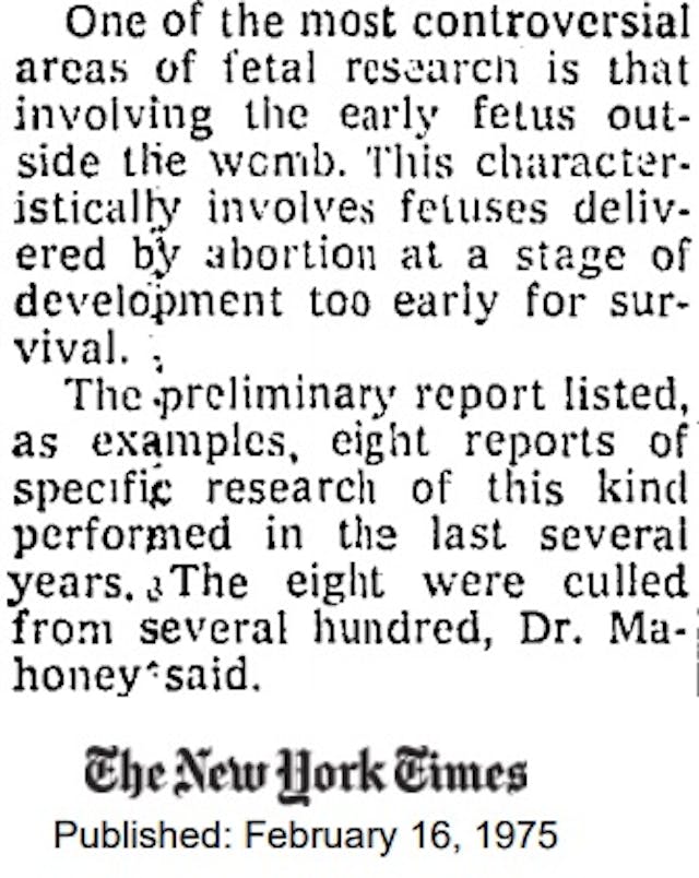 Hundreds of aborted fetuses delivered outside womb, NYT 1975 abortion survivors
