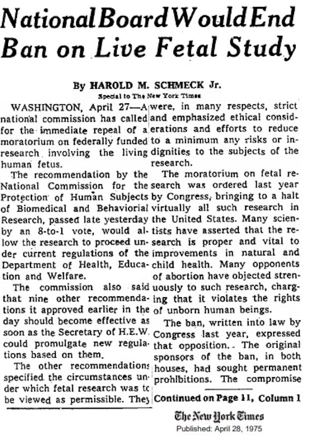 Ban on experimenting on live aborted fetuses (Image credit NYT, April 1975) abortion survivors