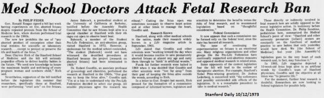 Stanford Daily Med School Doctors attack fetal research ban experimentation on abortion survivors