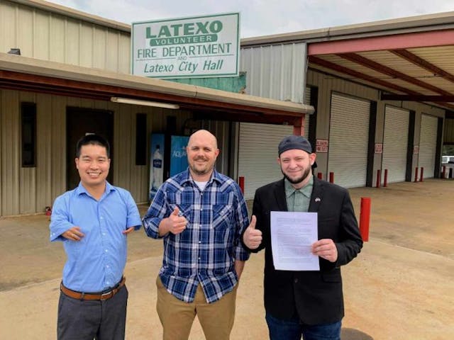 Noah Pennington with Texas Right To Life, Pastor Randy Redkey with Latexo Baptist Church, and Mark Lee Dickson with Right To Life of East Texas outside of the Latexo City Hall. (Photo: Mark Lee Dickson)