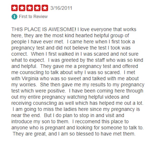 Grateful women leave pregnancy resource centers positive reviews online image