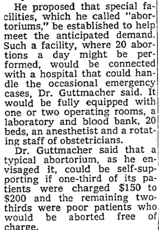 Planned Parenthood prez Alan Guttmacher suggests abortoriums in 1970 (Image New York Times) IMage: Guttmacher article on abortion