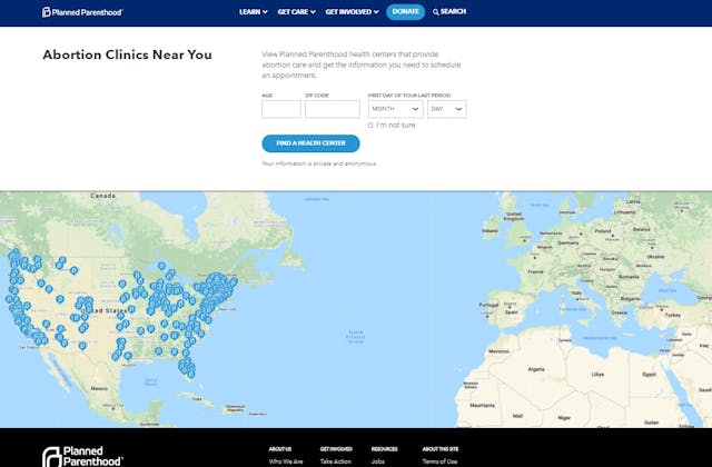 Image: Planned Parenthood Abortion Locator (Image: PP website accessed 2/26/2021)