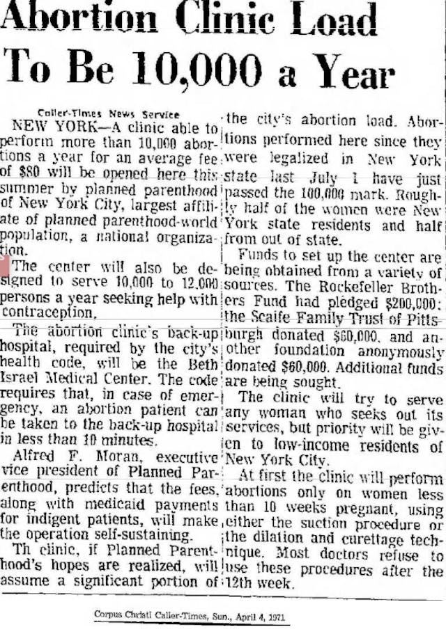 Planned Parenthood New York opens first abortion facility 1971 Image: article on Planned Parenthood