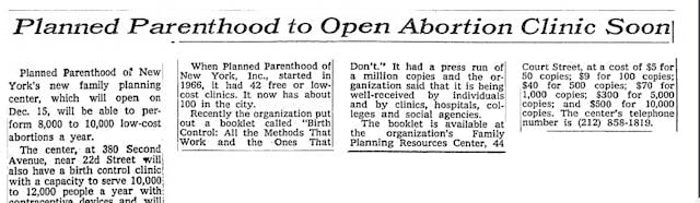 Planned Parenthood to open first abortion clinic 1971 (Image: New York Times) Image of New York Times article on Planned Parenthood