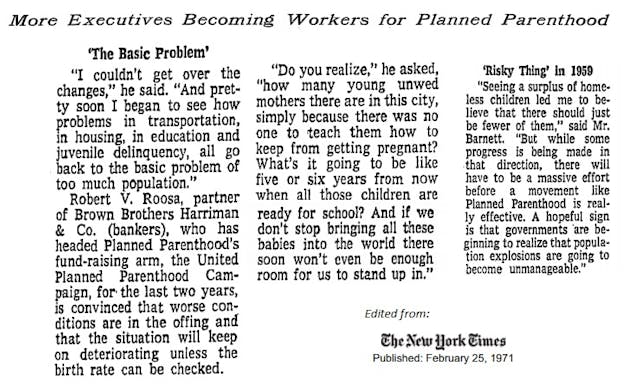 Men fund Planned Parenthood because of population and eugenics (Image New York Times) Image: Article on Planned Parenthood