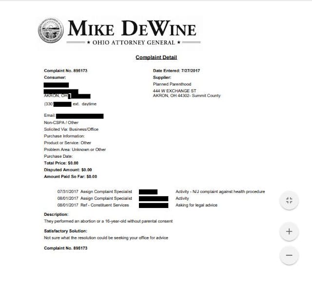 Complaint filed against Akron Planned Parenthood for an abortion on a minor without parental consent, obtained by Operation Rescue. Complaint filed against Akron Planned Parenthood for an abortion on a minor without parental consent, obtained by Operation Rescue.