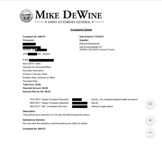 Complaint filed against Akron Planned Parenthood for an abortion on a minor without parental consent, obtained by Operation Rescue.