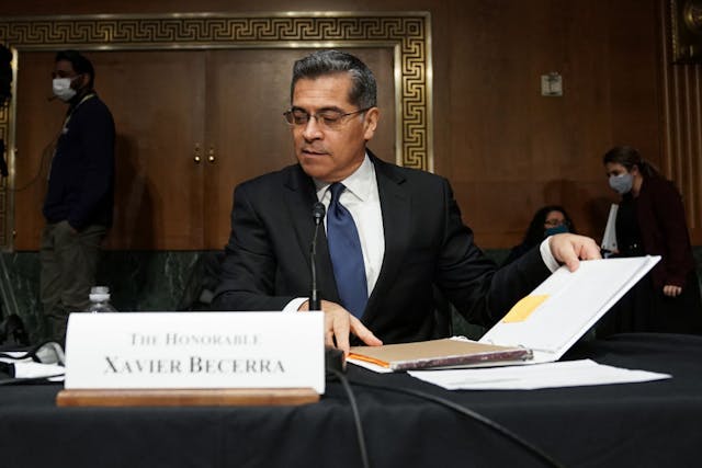 Xavier Becerra, nominee for Secretary of Health and Human Services, is seen at the start of a break at his Senate Finance Committee nomination hearing on February 24, 2021 at Capitol Hill in Washington, DC. – If confirmed, Becerra would be the first Latino secretary of HHS. (Photo by Greg Nash / POOL / AFP) (Photo by GREG NASH/POOL/AFP via Getty Images) xavier becerra
