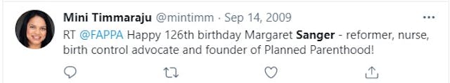 Image: Mini Timmaraju Biden OPM praises Margaret Sanger racist founder of Planned Parenthood (Image: Twitter)