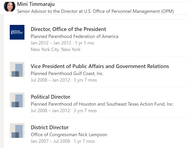 Mini Timmaraju Biden OPM formerly worked for Planned Parenthood (Image: LinkedIn) Image: Mini Timmaraju Biden OPM formerly worked for Planned Parenthood (Image: LinkedIn)
