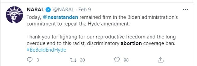 NARAL praises Neera Tanden for opposing pro-life Hyde Amendment (Image: Twitter) Image: NARAL praises Neera Tanden for opposing pro-life Hyde Amendment (Image: Twitter)