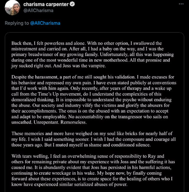 ‘Buffy’ actress Charisma Carpenter claims creator Joss Whedon abused her for being pregnant image