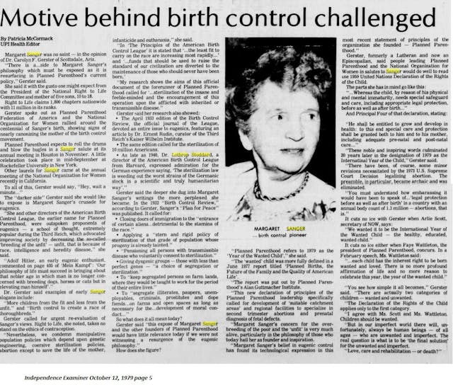 Margaret Sanger eugenics connection from Carolyn F Gerster (Image: Independent Examiner) Planned Parenthood