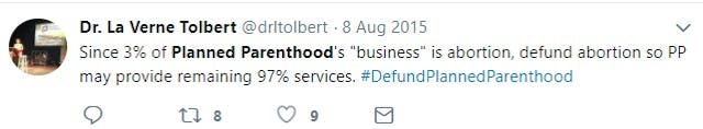 Dr La Verne Tolbert tweet about Planned Parenthood Image: Dr La Verne Tolbert tweet about Planned Parenthood