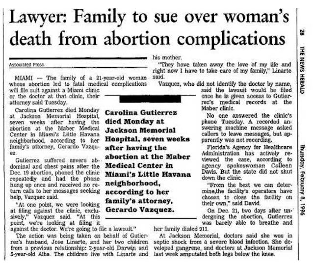Family sues after woman dies from legal abortion Image: News article