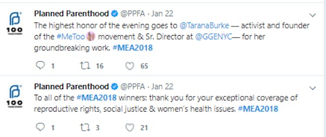 MeToo founder awarded by Planned Parenthood (Image: Twitter) Image: Tweet from Planned Parenthood
