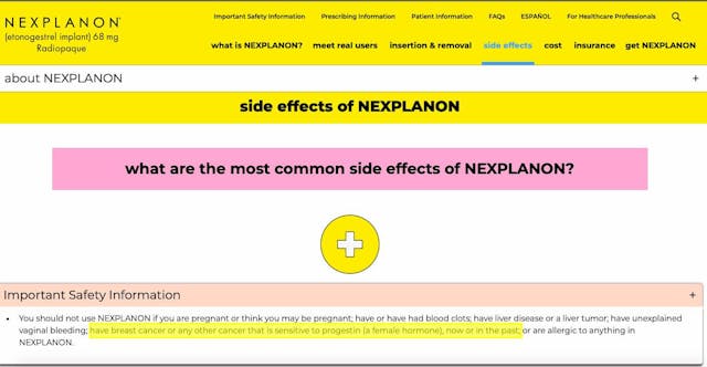 Screenshot via https://www.nexplanon.com/side-effects/ Women deserve better than risky hormonal contraceptives image