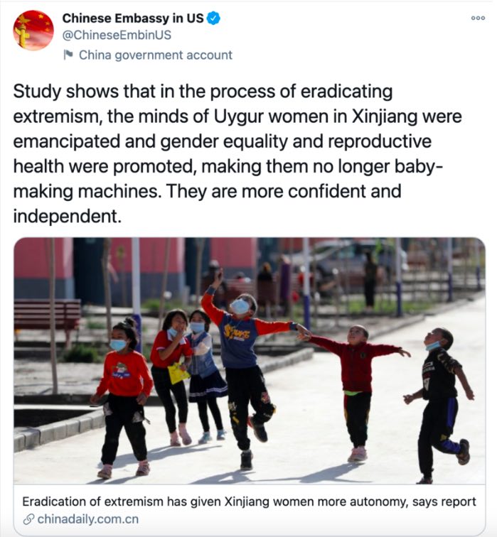 Shocking Chinese embassy tweet claimed Uighur women were ’emancipated’ by forced sterilization image