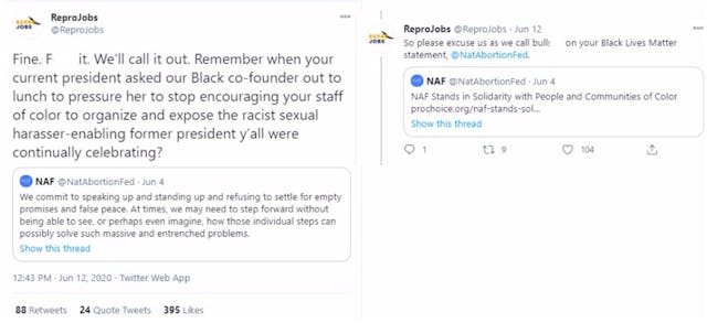 ReproJobs tweets that National Abortion Federation NAF does not stand with Black lives (Images: Twitter) – Edited for profanity A look back at 2020: Racism and white supremacy exposed within abortion industry image