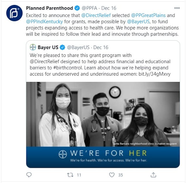 Pharmaceutical giant Bayer gives $80k to Planned Parenthood to promote IUDs to poor women image
