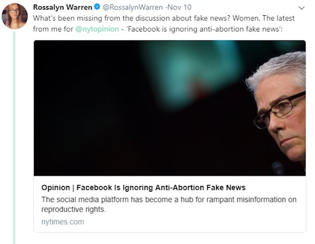 Rossalyn Warren wants to censor pro-life news (image: Twitter) New York Times writer calls for Facebook to censor pro-life message image