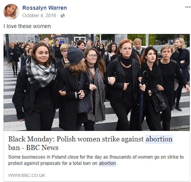 Rossalyn Warren loves women who support abortion (image: Facebook) New York Times writer calls for Facebook to censor pro-life message image