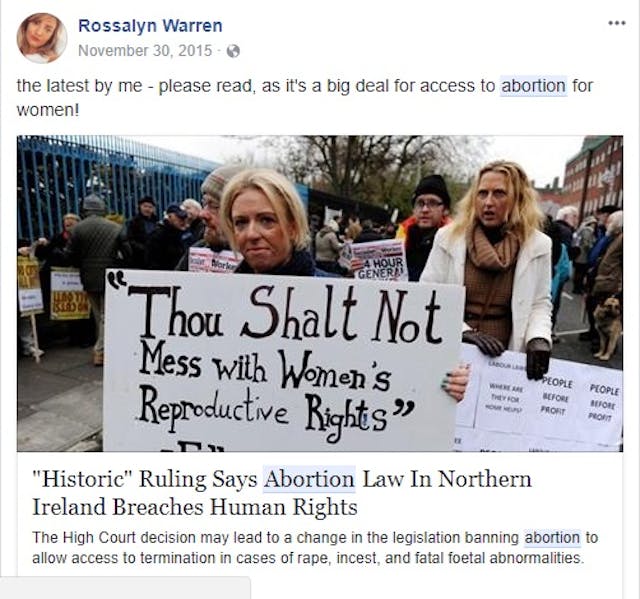 Rossalyn Warren favors abortion rights New York Times writer calls for Facebook to censor pro-life message image