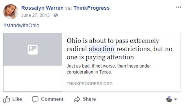 Rossalyn Warren shares ThinkProgress’ pro-abortion post New York Times writer calls for Facebook to censor pro-life message image
