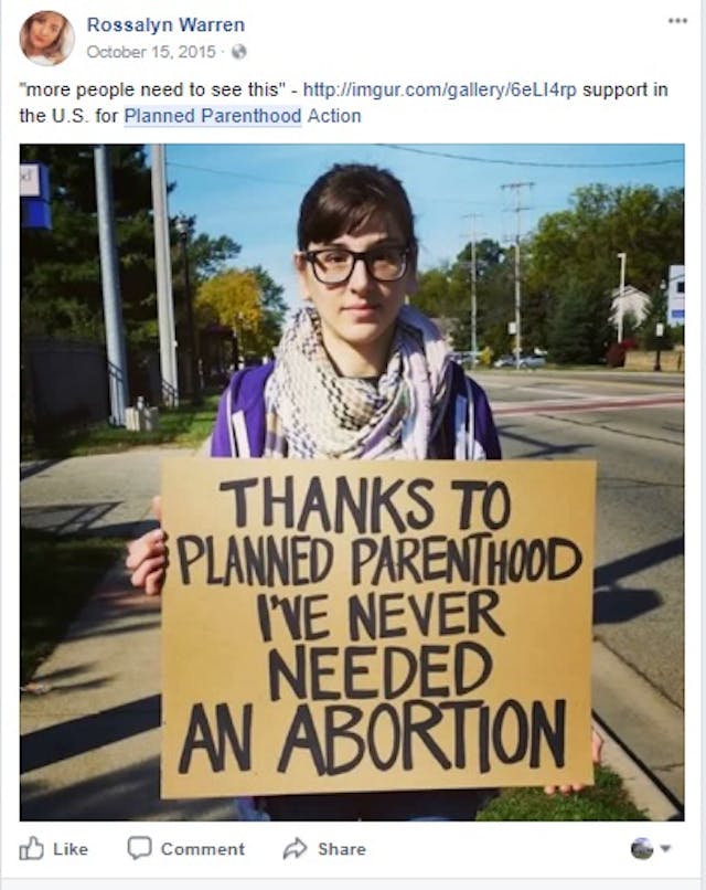 Rossalyn Warren supporting Planned Parenthood (image: Facebook) New York Times writer calls for Facebook to censor pro-life message image