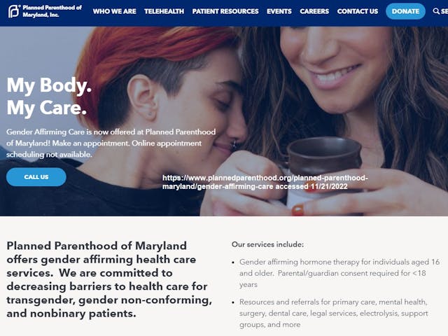 Planned Parenthood Maryland “Gender Affirming services” for minors Image: Planned Parenthood Maryland Gender Affirming services for minors