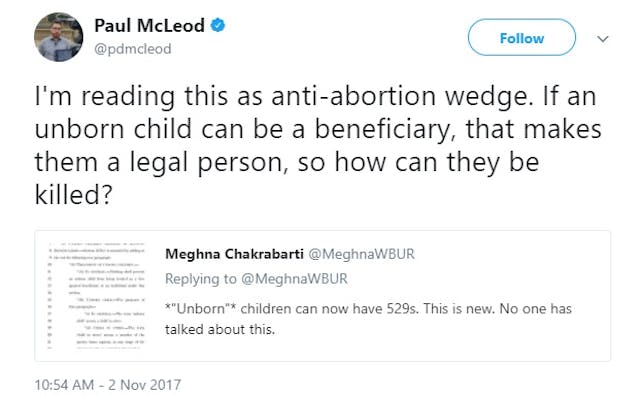 Paul McLeod Tweet on GOP Tax Bill Tweet GOP tax plan recognizes baby in the womb as a human being image
