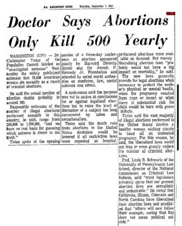 Tietze disputes illegal abortion deaths, 1967 Pro-abortion professor testifies against Heartbeat Bill using bogus, debunked abortion statistics image