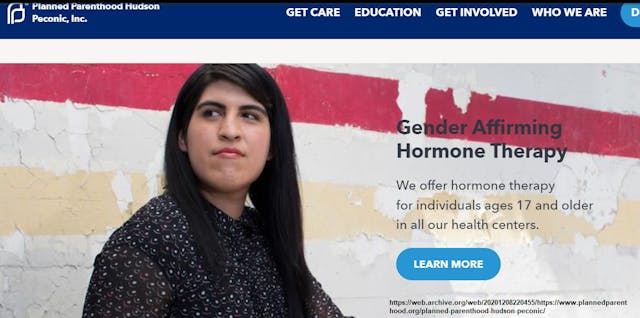 Image: Planned Parenthood Hudson Peconic website from 2020 will serve 17 year-olds Gender Affirming Hormone Therapy (Image: PP website 2020)