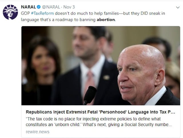 NARAL on GOP Tax Bill Tweet GOP tax plan recognizes baby in the womb as a human being image