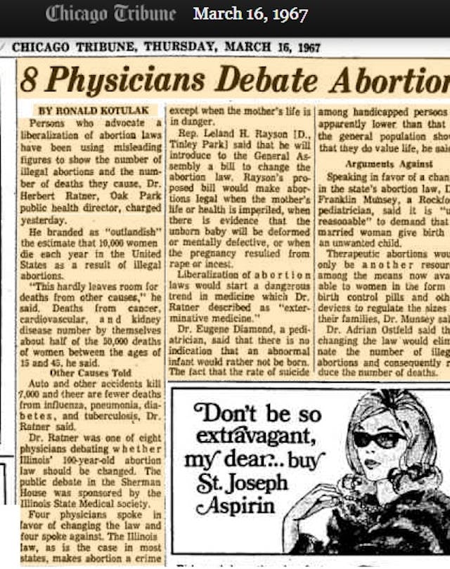 1967 article Illegal abortion Chicago Tribune Pro-abortion professor testifies against Heartbeat Bill using bogus, debunked abortion statistics image