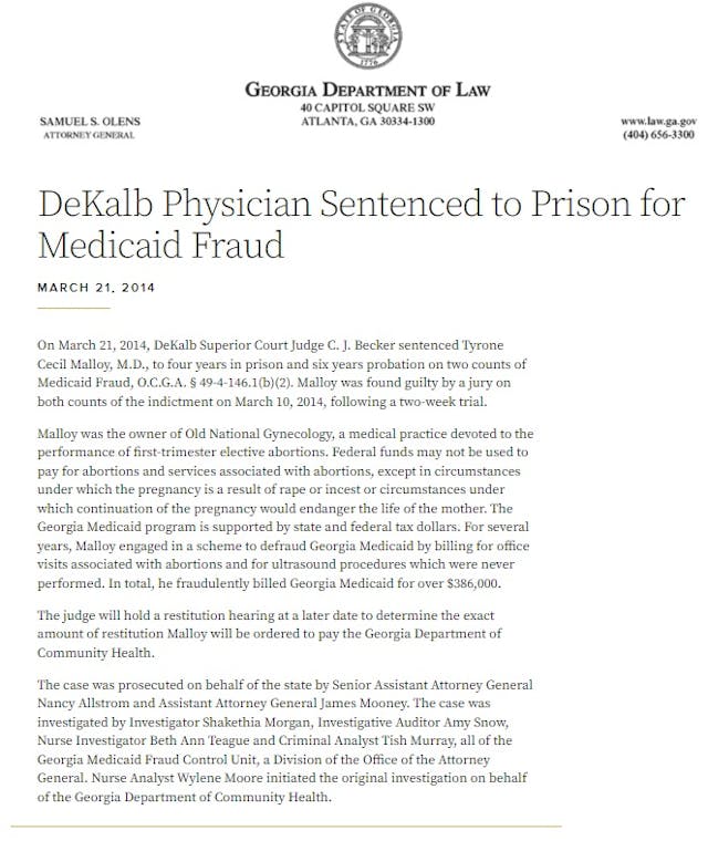 Abortionist Tyrone Malloy convicted of Medicaid Fraud Image: Abortionist Tyrone Malloy convicted of Medicaid Fraud