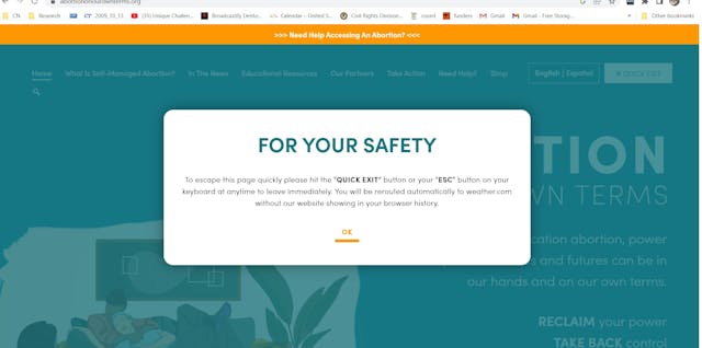 Image: AbortionOnOurOwnTerms website quick exit tab erases cached
