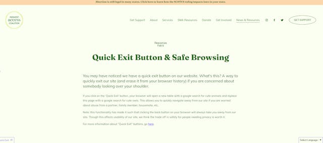 Image: Midwest Access Coalition website quick exit tab erases cached